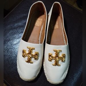 Tory Burch White Espadrille Flats with Gold Logo